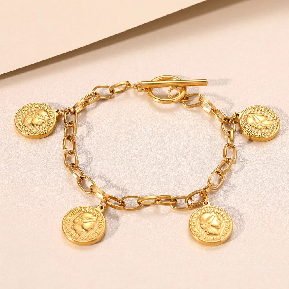 Bracelet Acier Inoxydable Femme Médailles Anciennes