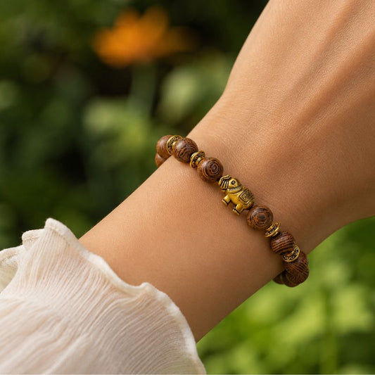 Bracelet Bois Femme Éléphant Doré Perles Rondes