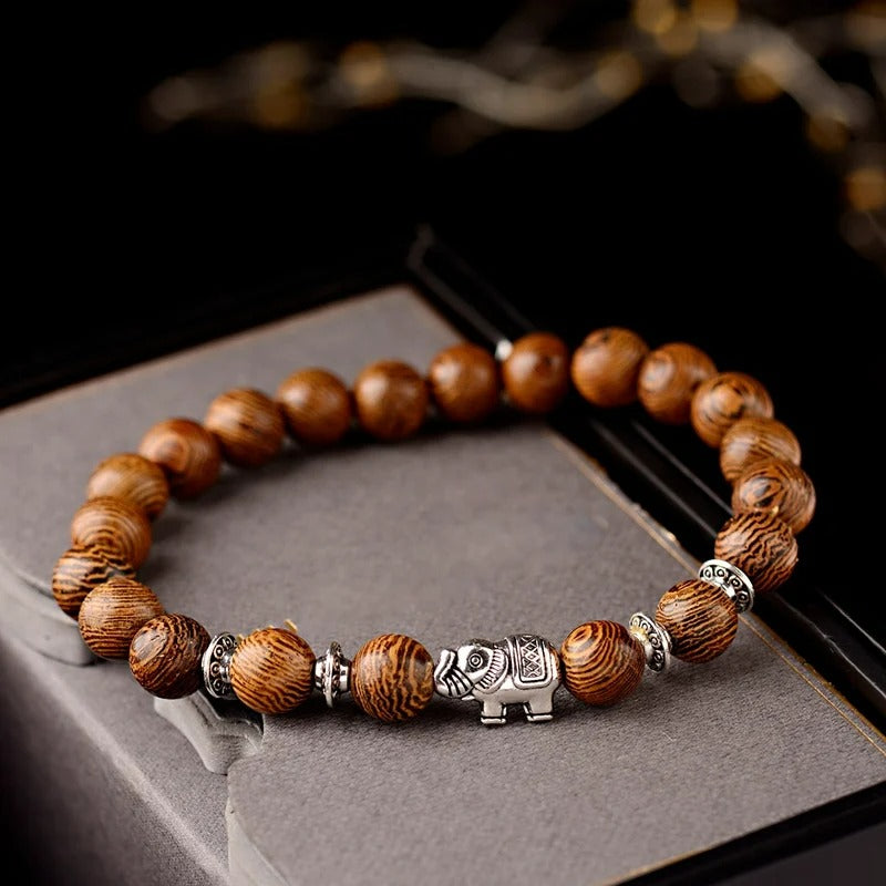 Bracelet Bois Femme Perle Éléphant Argentée