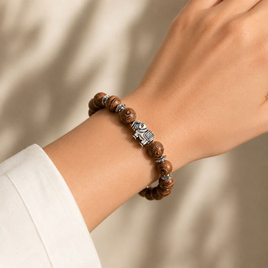 Bracelet Bois Femme Perle Éléphant Argentée