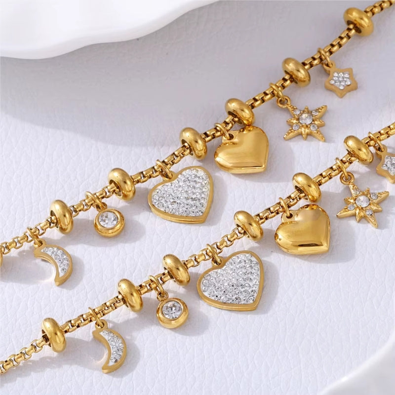 Bracelet Breloque en Acier Inoxydable Coeur et Lune