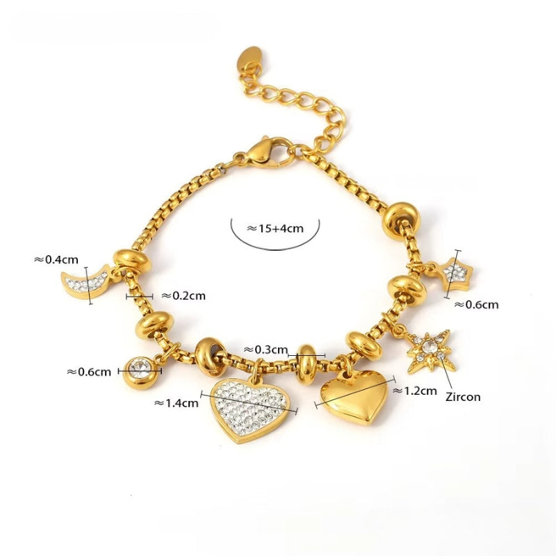 Bracelet Breloque en Acier Inoxydable Coeur et Lune