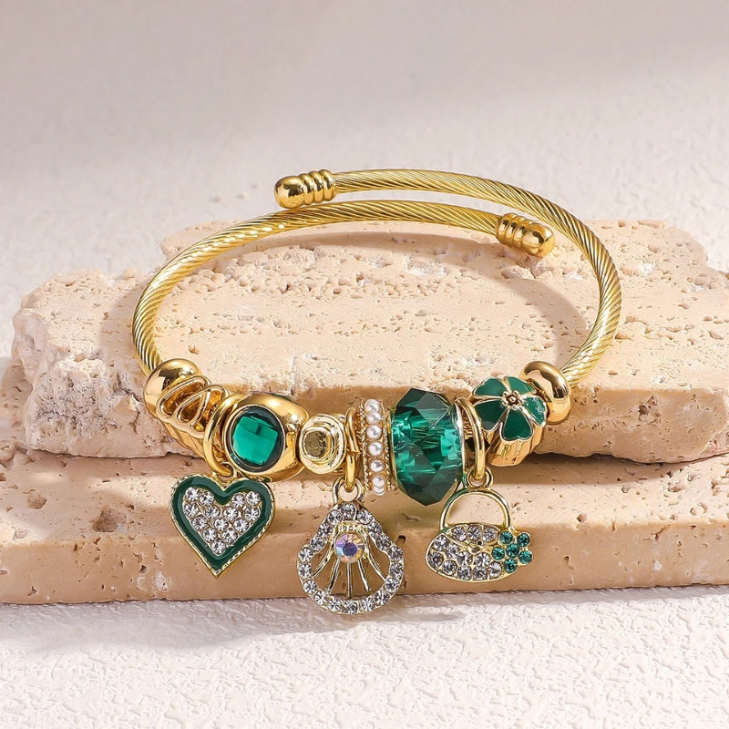 Bracelet Breloque en Acier Inoxydable Vert Emeraude