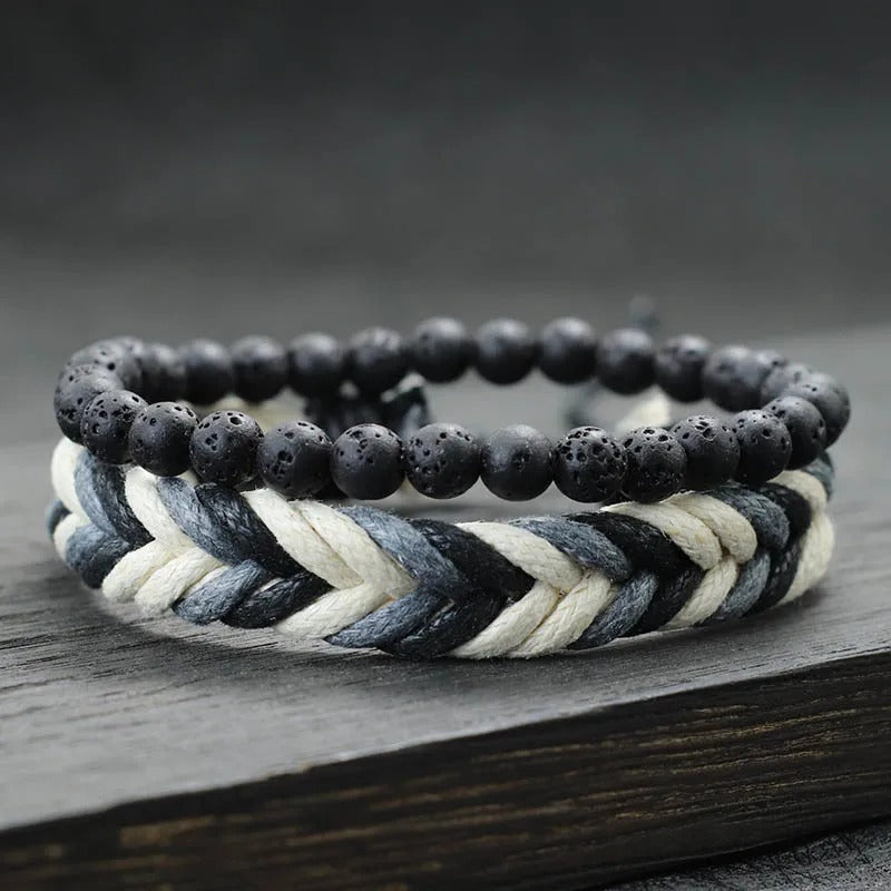 Bracelet Brésilien Homme Duo Perles Et Tressage