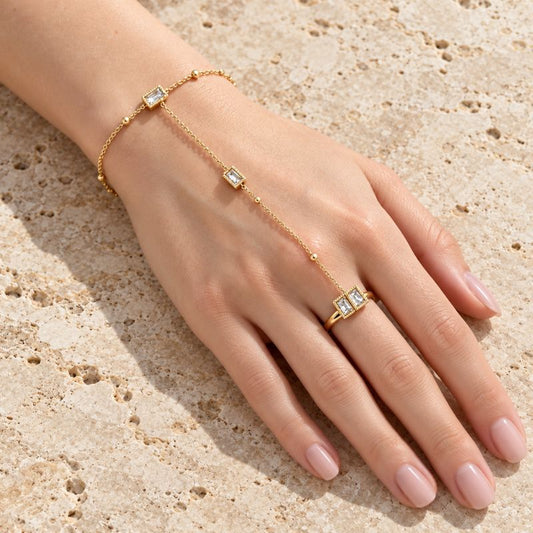 Bracelet Chaine Bague Pierres Rectangulaires - Acier Inoxydable