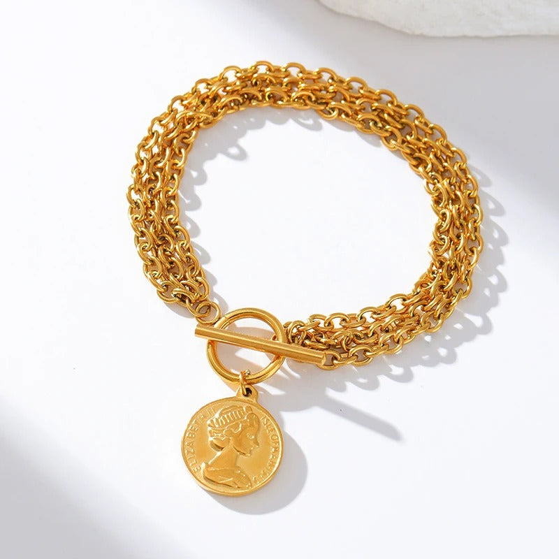 Bracelet Chaine Femme Acier Inoxydable Médaille Dorée