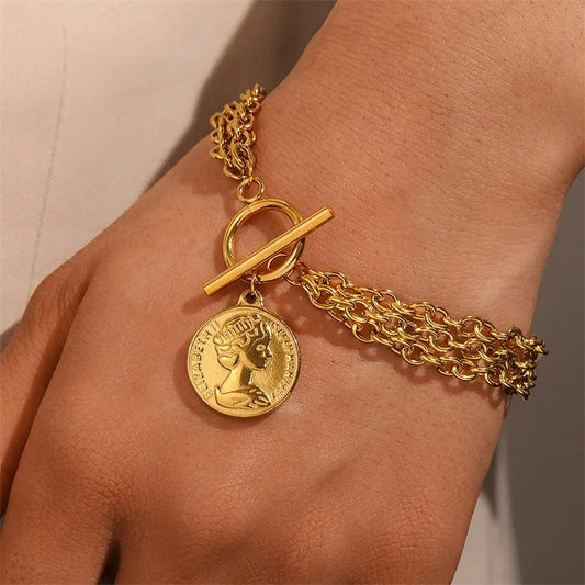 Bracelet Chaine Femme Acier Inoxydable Médaille Dorée