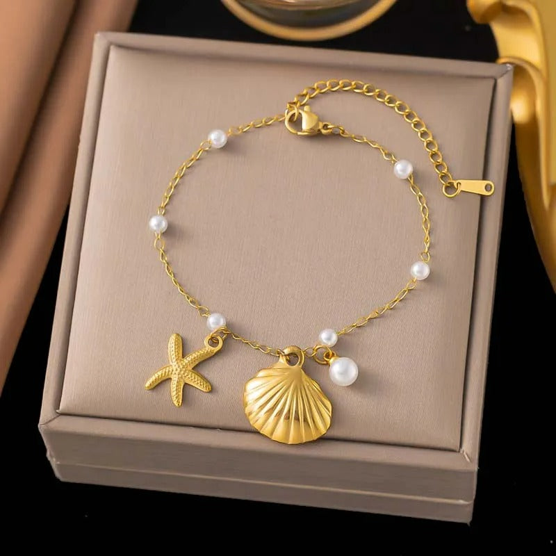 Bracelet Coquillage Femme Chaîne Fine Perle Étoile De Mer - Acier Inoxydable