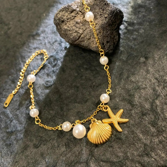 Bracelet Coquillage Femme Chaîne Fine Perle Étoile De Mer - Acier Inoxydable
