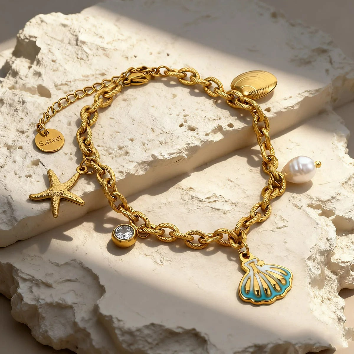 Bracelet Coquillage Femme Émail Turquoise Perle Blanche - Acier Inoxydable