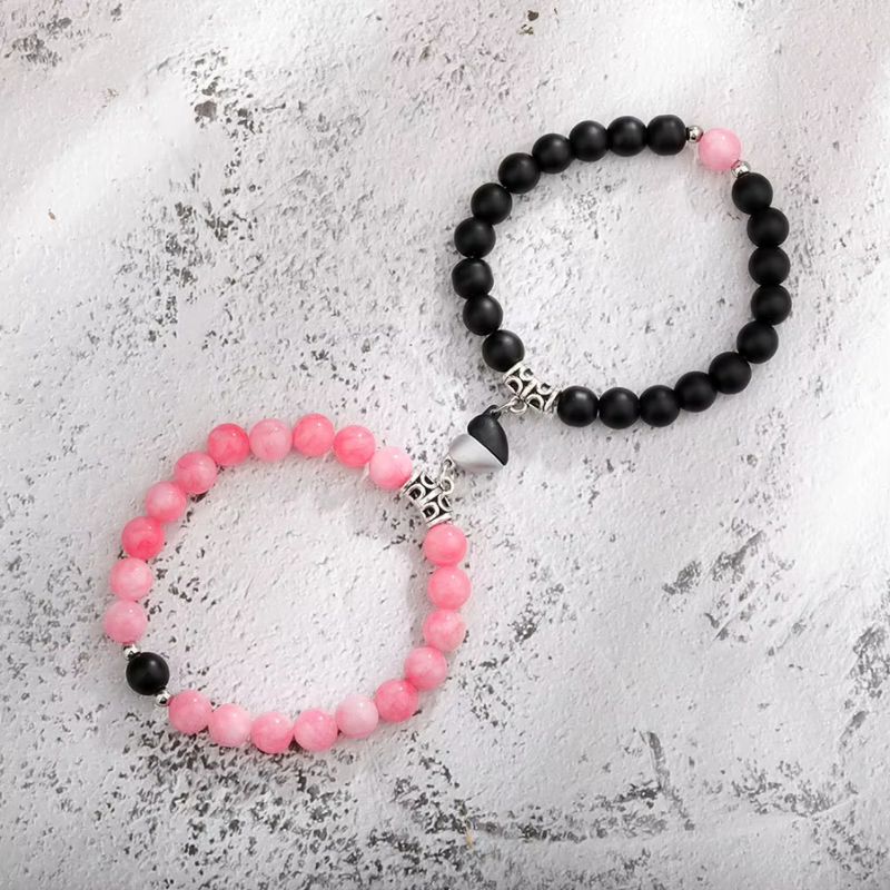 Bracelet Couple en Perles à Coeur Aimanté