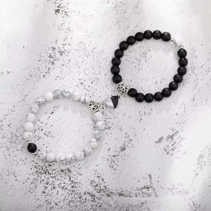 Bracelet Couple en Perles à Coeur Aimanté
