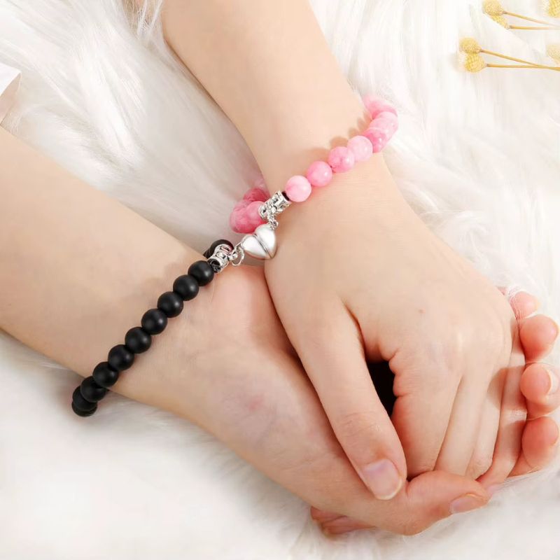 Bracelet Couple en Perles à Coeur Aimanté