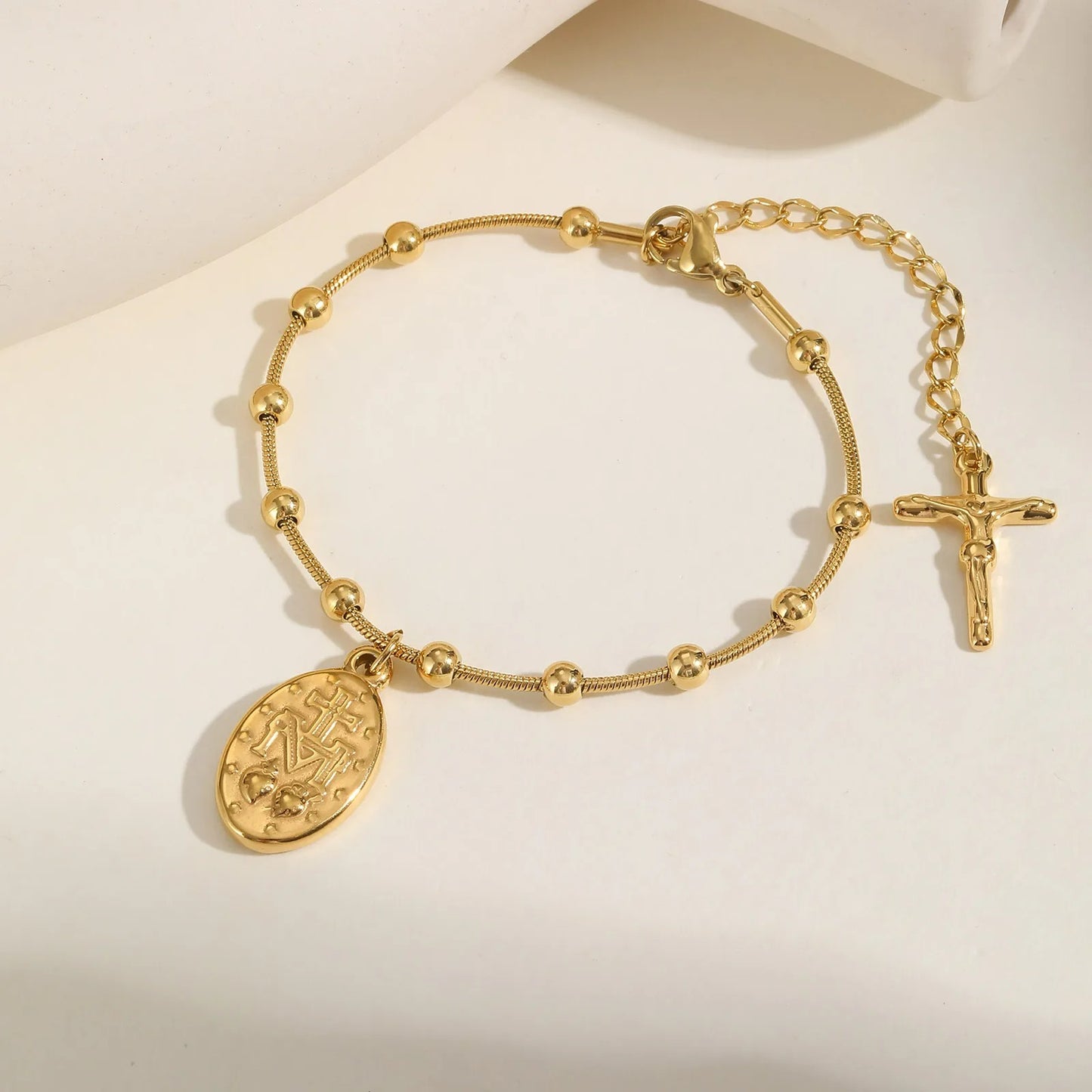 Bracelet Croix Femme Médaille Vierge Et Croix — Acier Inoxydable