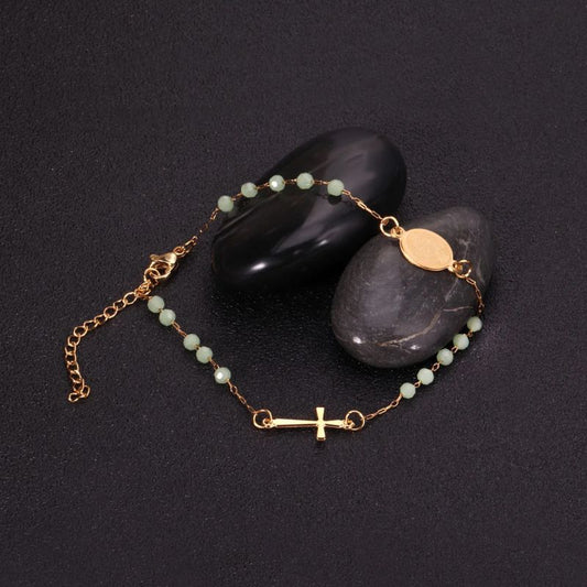 Bracelet Croix Femme Raffiné Perles Et Acier Inoxydable
