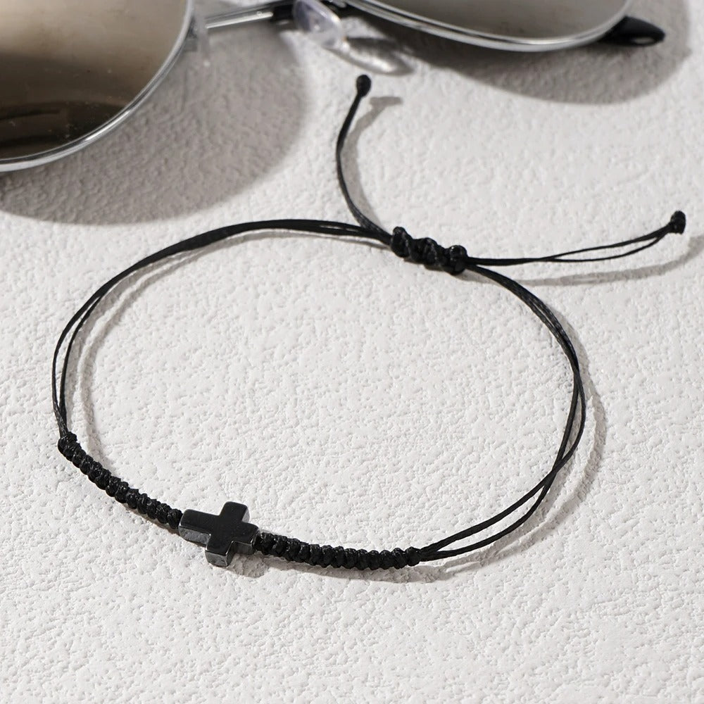 Bracelet Croix Homme Corde et Pierre Noire