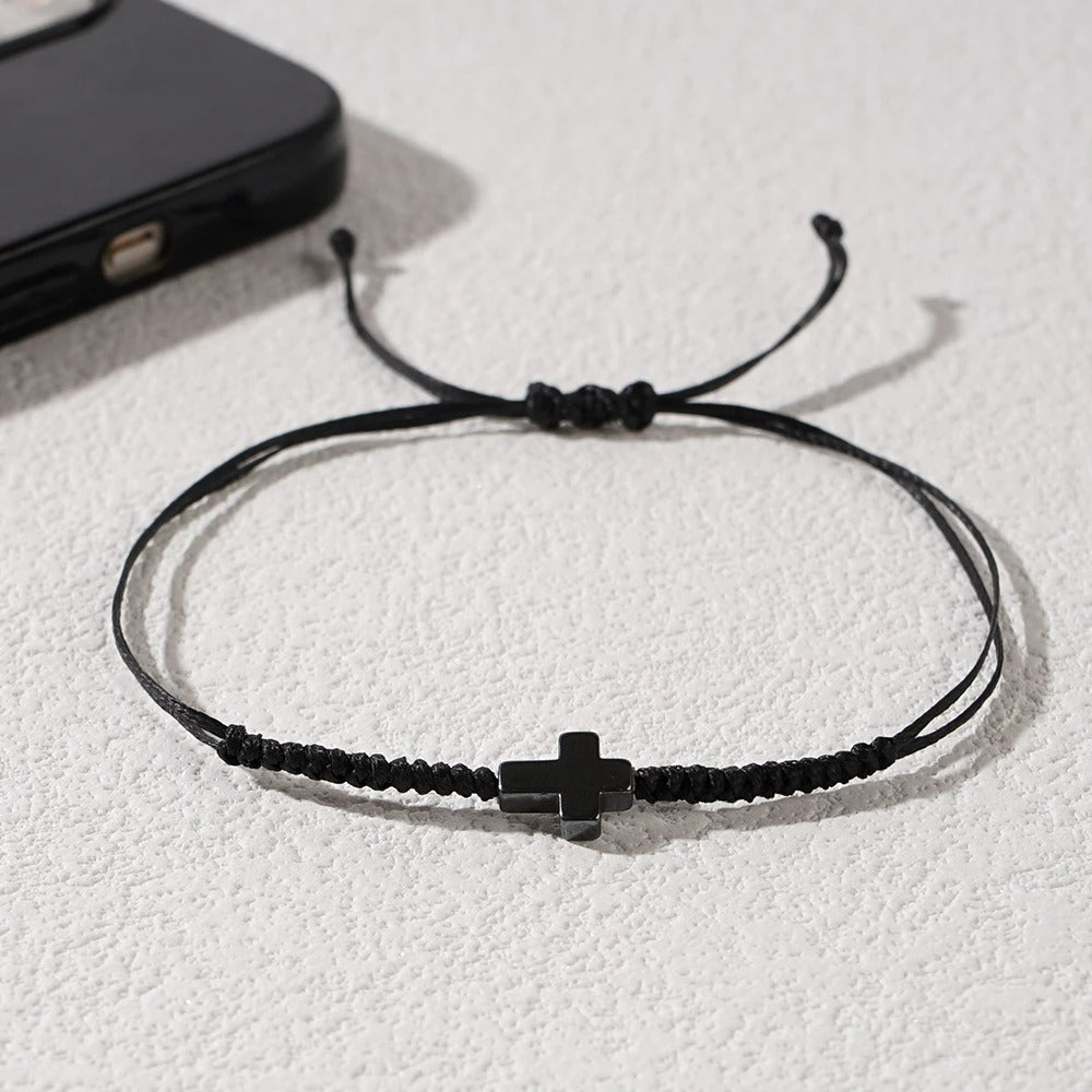 Bracelet Croix Homme Corde et Pierre Noire