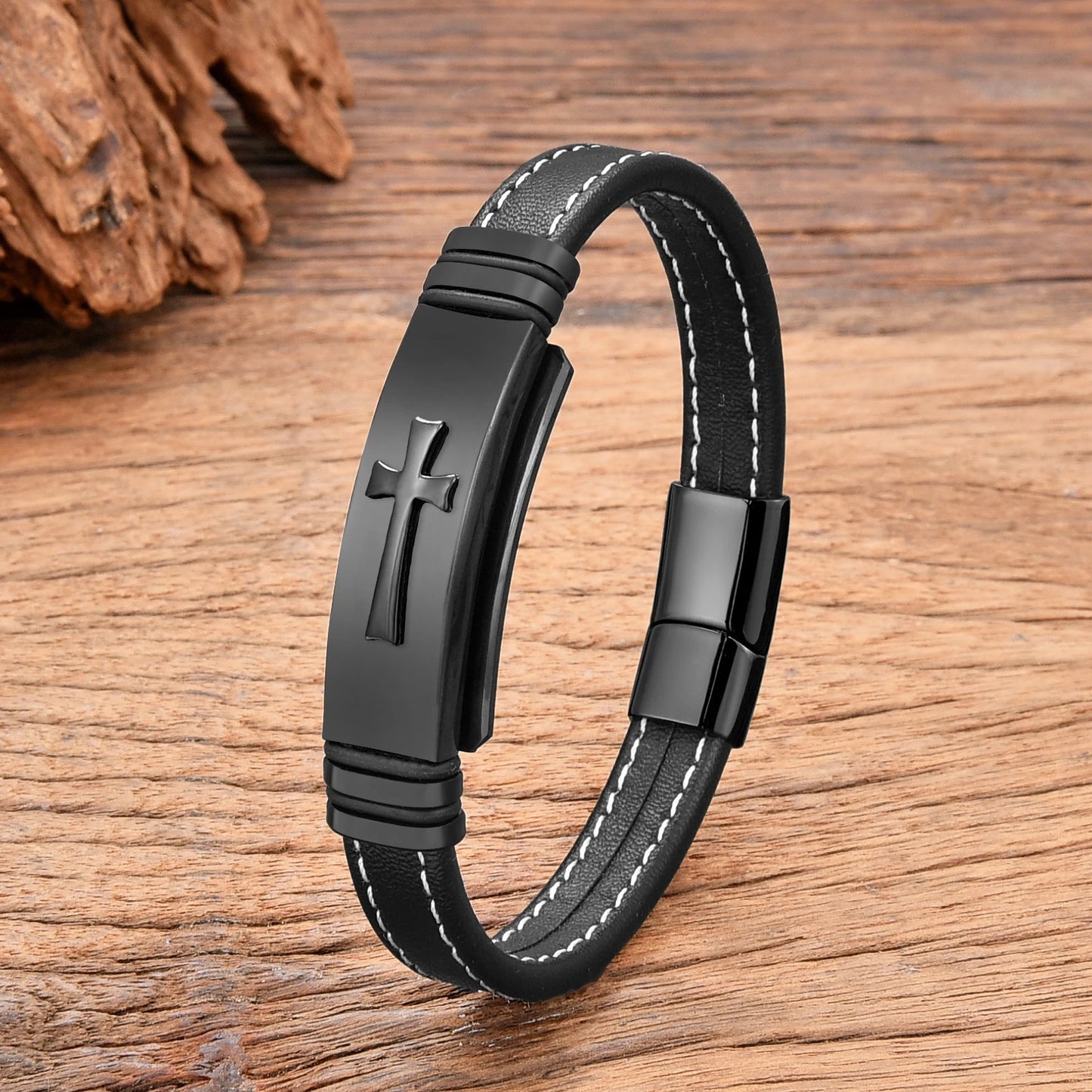 Bracelet Croix Homme Tendance Acier Inoxydable