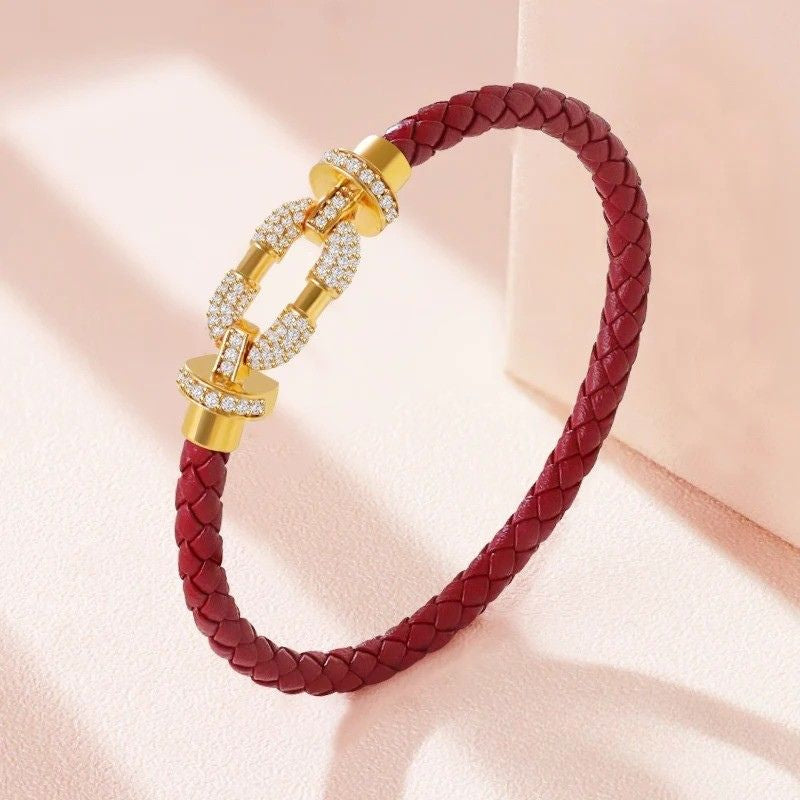 Bracelet Cuir Femme Bordeaux Boucle Pavée Zircon