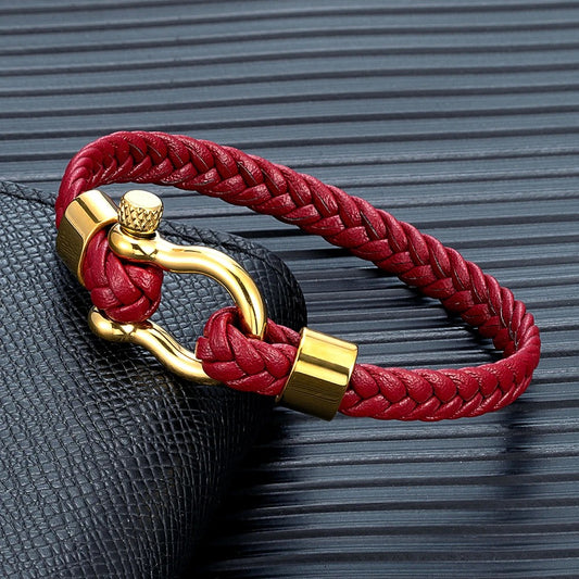 Bracelet Cuir Femme Tressé Manille Doré - Acier Inoxydable