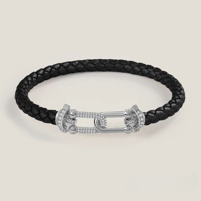 Bracelet Cuir Femme Tressé Zircon Argenté