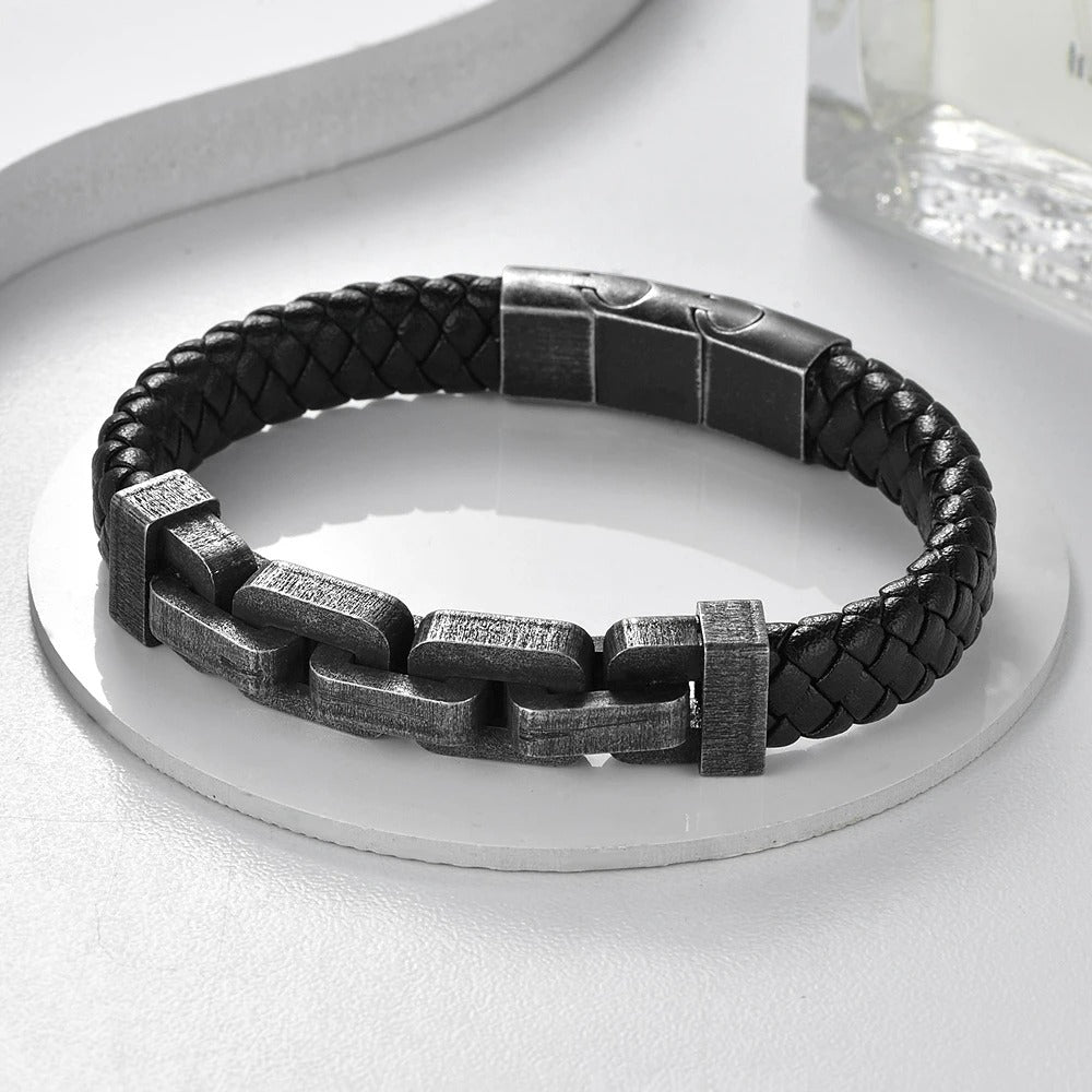 Bracelet Cuir Homme Chaîne Épaisse - Acier Inoxydable