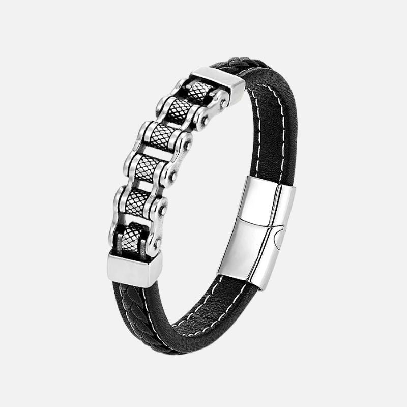 Bracelet Cuir Homme Chaîne Mécanique Acier Inoxydable