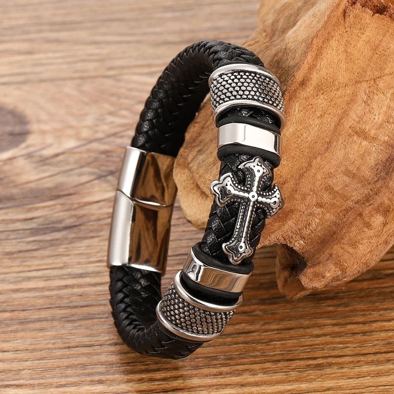 Bracelet Cuir Homme Croix Acier Inoxydable