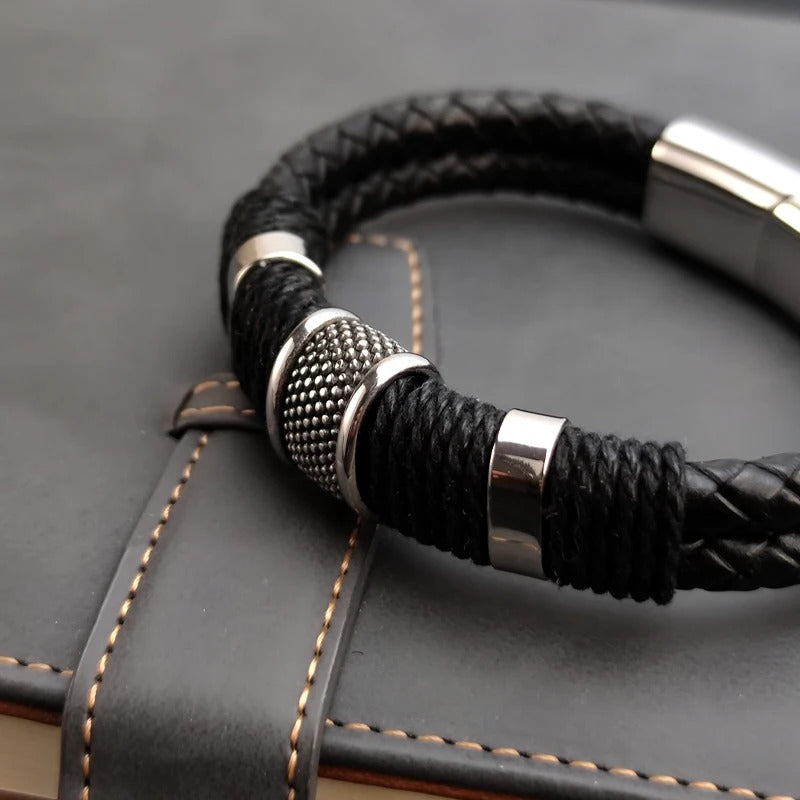 Bracelet Cuir Homme Noir Tressé - Acier Inoxydable