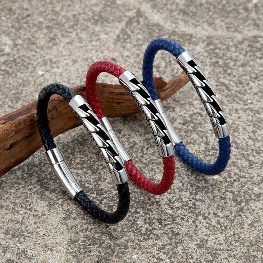 Bracelet Cuir Homme Tressé Maillon - Acier Inoxydable