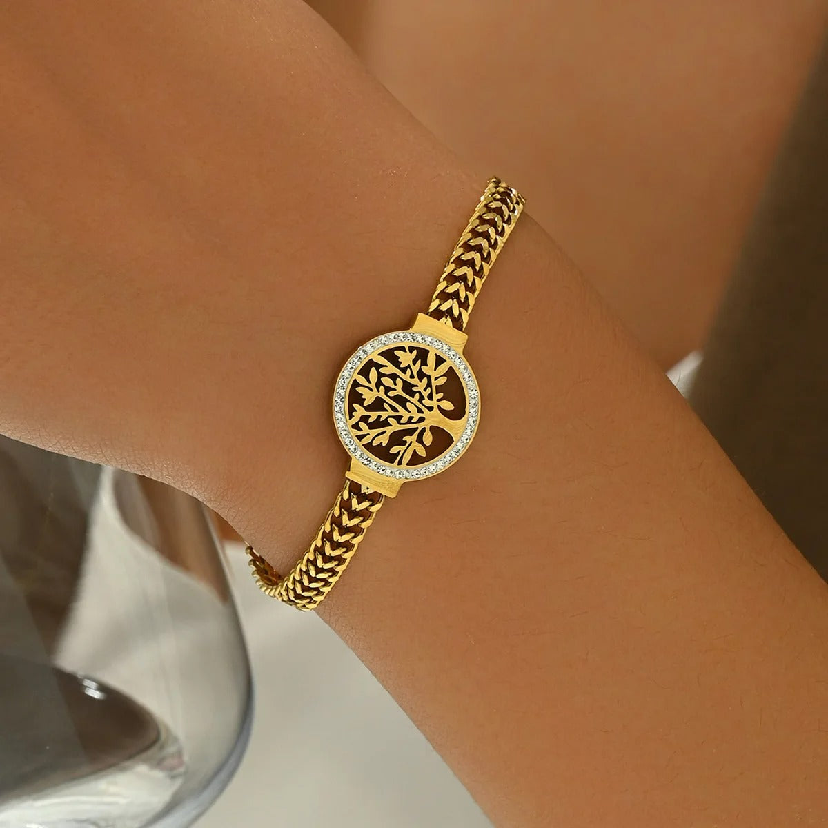 Bracelet Femme Arbre De Vie Acier Inoxydable Et Maille Dorée