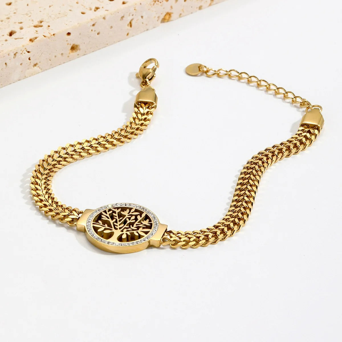 Bracelet Femme Arbre De Vie Acier Inoxydable Et Maille Dorée