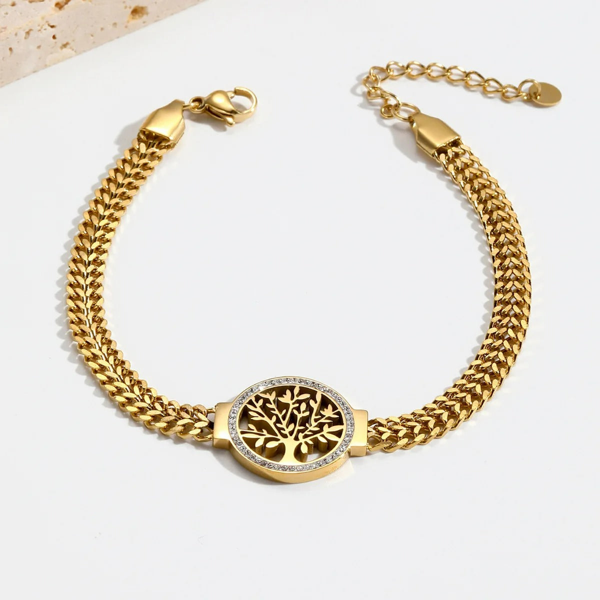 Bracelet Femme Arbre De Vie Acier Inoxydable Et Maille Dorée