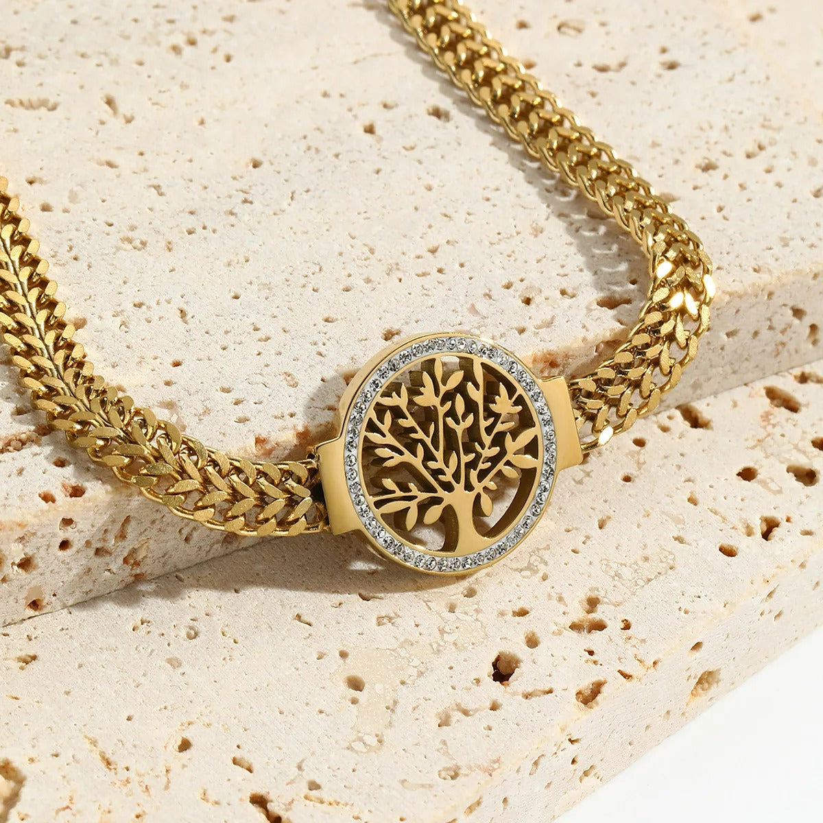 Bracelet Femme Arbre De Vie Acier Inoxydable Et Maille Dorée