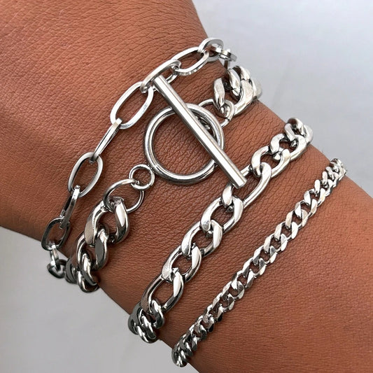 Bracelet Femme Multirang Chaines Argentées Lot de 4