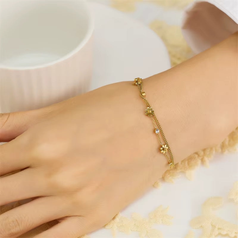 Bracelet Fleur Double Chaine en Acier Inoxydable