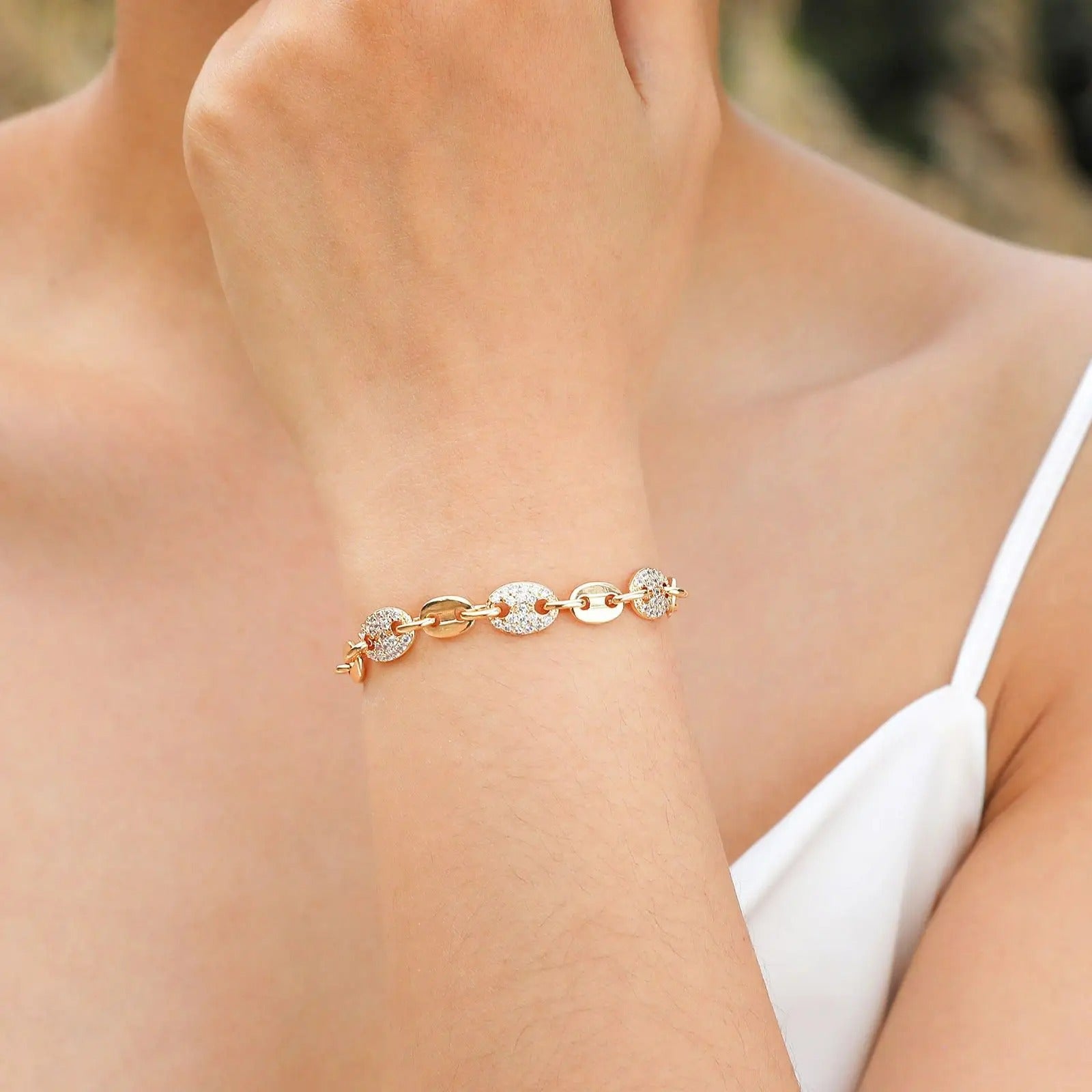 Bracelet Grain De Café Femme Doré Et Zircon