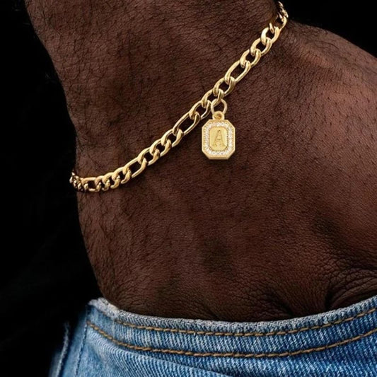 Bracelet Homme Initiale Chaîne Dorée Acier Inoxydable