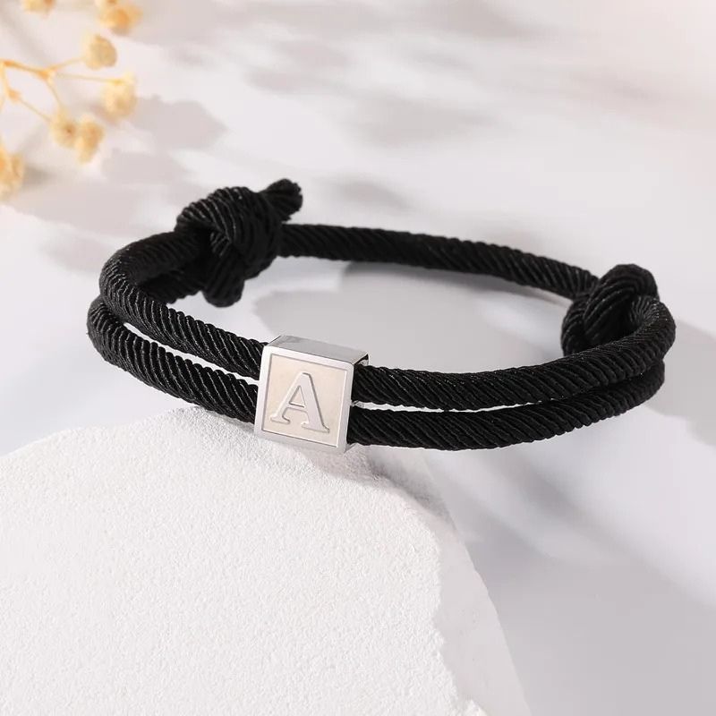 Bracelet Homme Initiale Corde Noire Et Acier Inoxydable