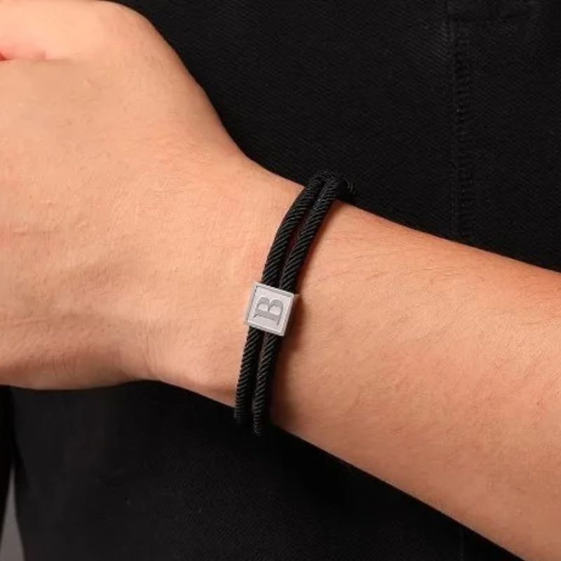 Bracelet Homme Initiale Corde Noire Et Acier Inoxydable