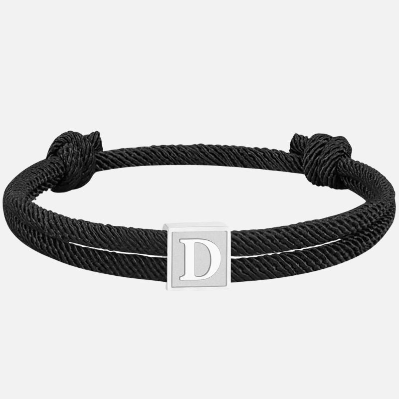Bracelet Homme Initiale Corde Noire Et Acier Inoxydable