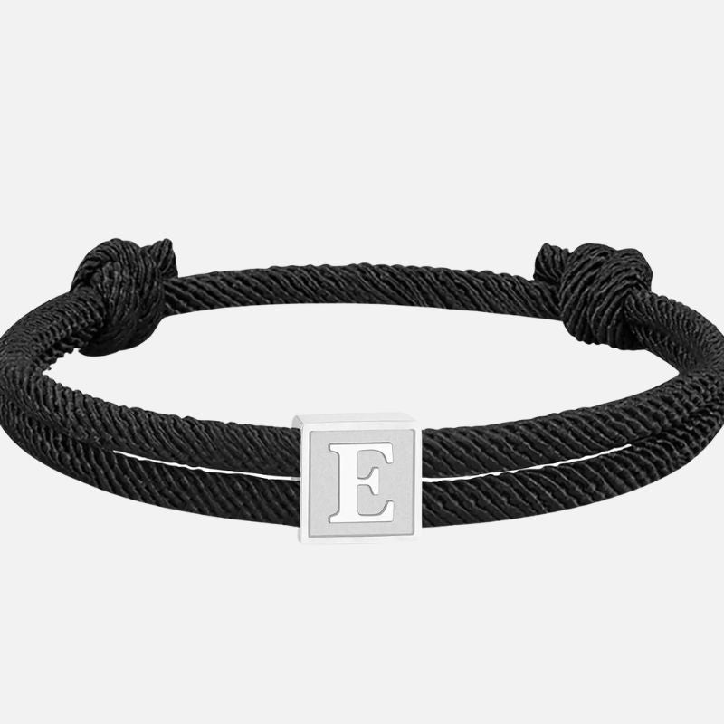 Bracelet Homme Initiale Corde Noire Et Acier Inoxydable