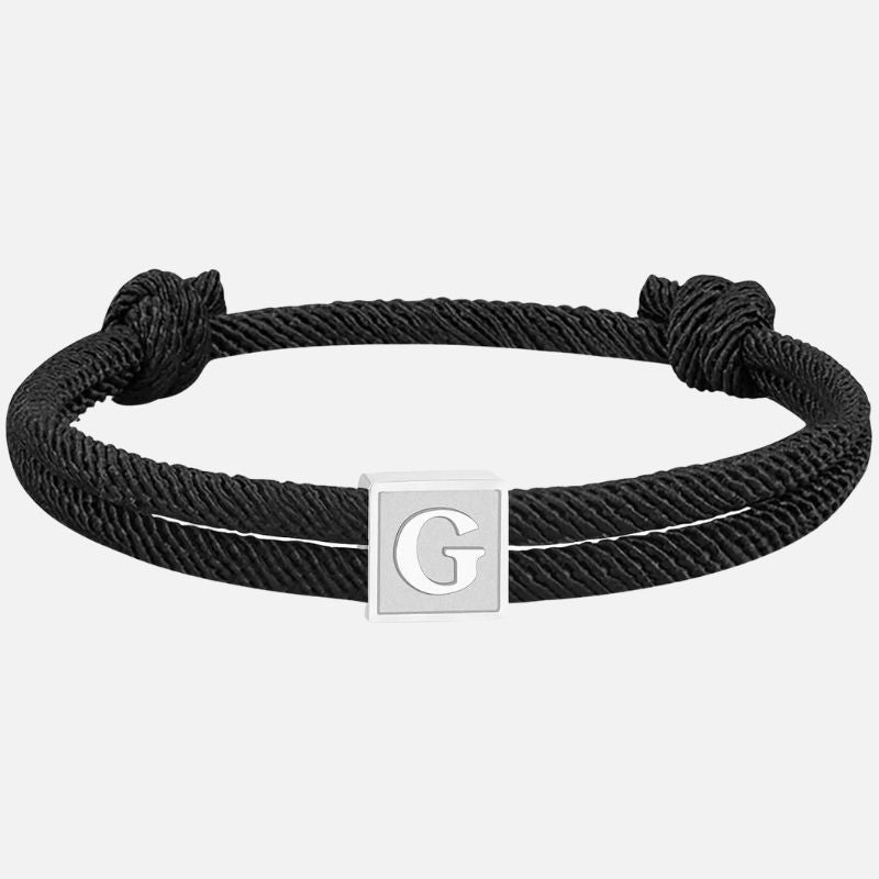 Bracelet Homme Initiale Corde Noire Et Acier Inoxydable
