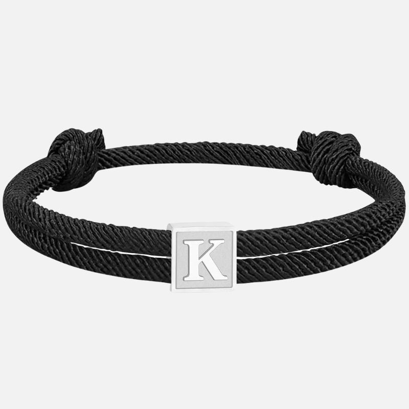 Bracelet Homme Initiale Corde Noire Et Acier Inoxydable