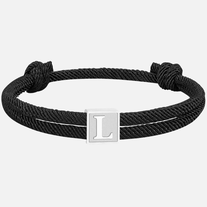 Bracelet Homme Initiale Corde Noire Et Acier Inoxydable