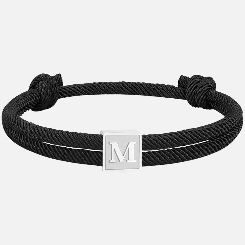 Bracelet Homme Initiale Corde Noire Et Acier Inoxydable