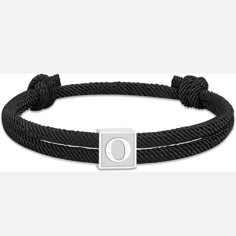 Bracelet Homme Initiale Corde Noire Et Acier Inoxydable
