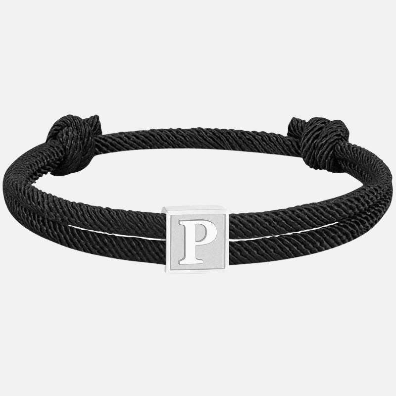 Bracelet Homme Initiale Corde Noire Et Acier Inoxydable