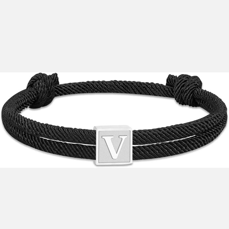 Bracelet Homme Initiale Corde Noire Et Acier Inoxydable