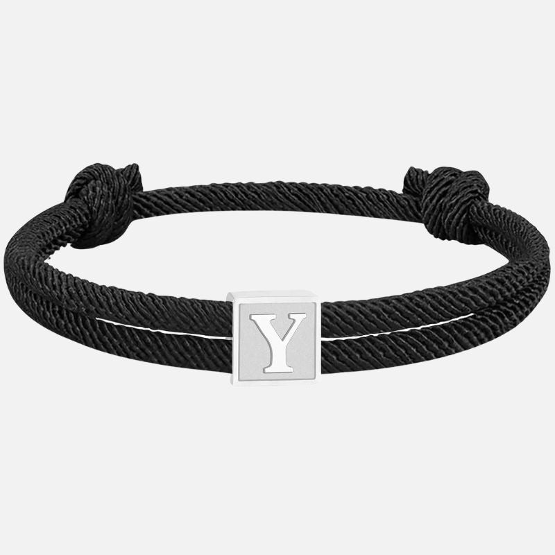 Bracelet Homme Initiale Corde Noire Et Acier Inoxydable